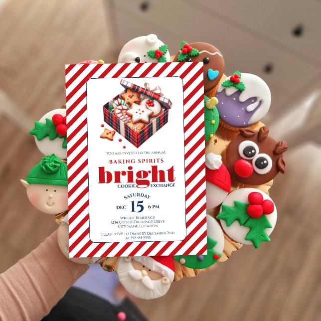 Elegantes Cookie Exchange Party Blau Rot Einladung (Baking spirits bright cookie exchange party invitation front view.)