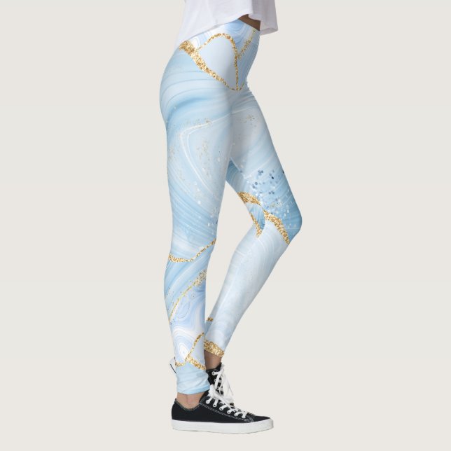 Elegantes Cooles Blue Agate und Gold Glitzer Ribbo Leggings (Rechts)