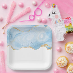 Elegantes Cooles Blue Agate und Gold Glitzer Ribbo Pappteller