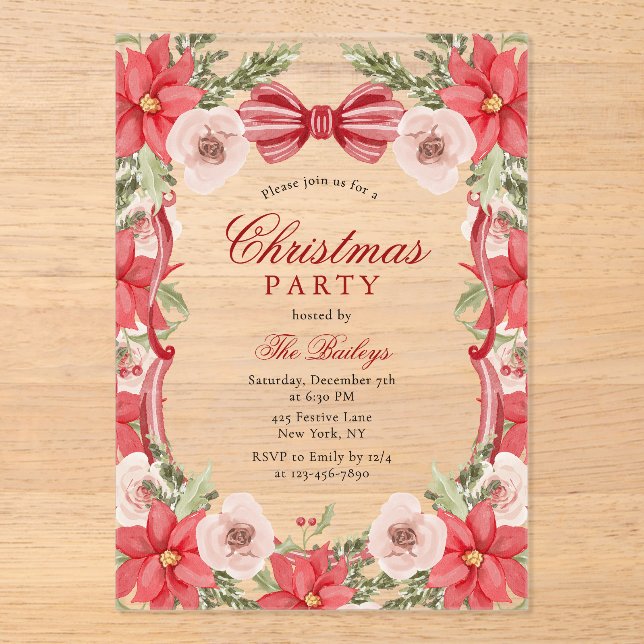 Elegantes Coquette Floral Weihnachten Party Acryleinladungen (Vorderseite)
