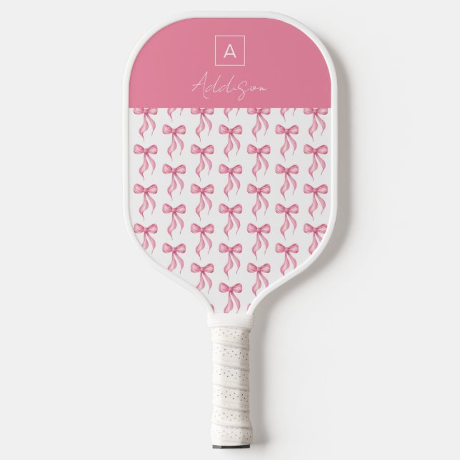 Elegantes Coquette Pink Bow Monogramm Pickleball Schläger (Vorderseite)