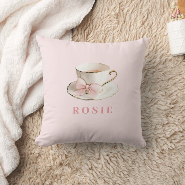 Elegantes Coquette Preppy Pink Teacup mit Bow Kissen (Decke)