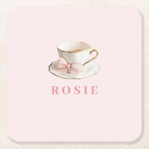 Elegantes Coquette Preppy Pink Teacup mit Bow Rechteckiger Pappuntersetzer