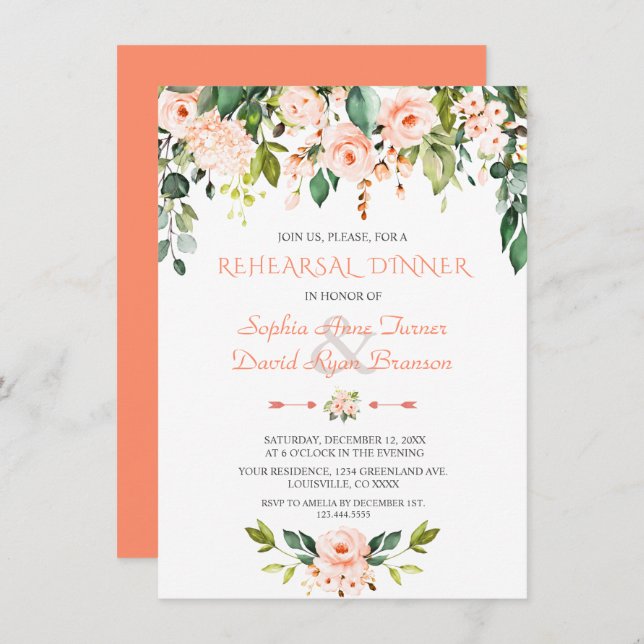 Elegantes Coral Blume Probe Abendessen Einladung (Vorne/Hinten)