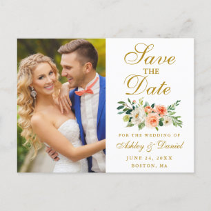 Elegantes Coral Floral Gold Foto Save the Date Postkarte