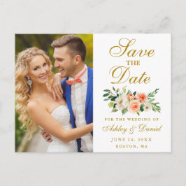 Elegantes Coral Floral Gold Foto Save the Date Postkarte