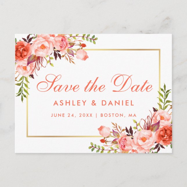 Elegantes Coral Floral Gold Save the Date Ankündigungspostkarte (Vorderseite)