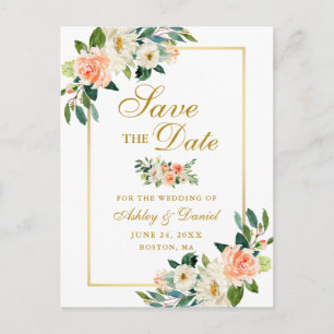 Elegantes Coral Floral Save the Date Gold Ankündigungspostkarte