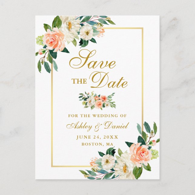 Elegantes Coral Floral Save the Date Gold Ankündigungspostkarte (Vorderseite)