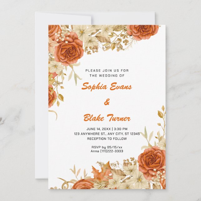 Elegantes Country Orange Rose Fall White Wedding Einladung (Vorderseite)