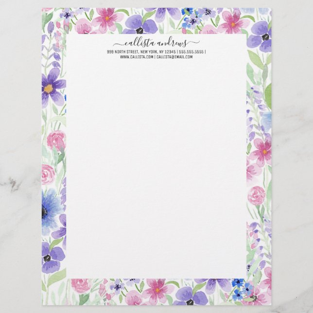 Elegantes Country Pink Lila Blue Watercolor Blume Briefbogen (Vorderseite)