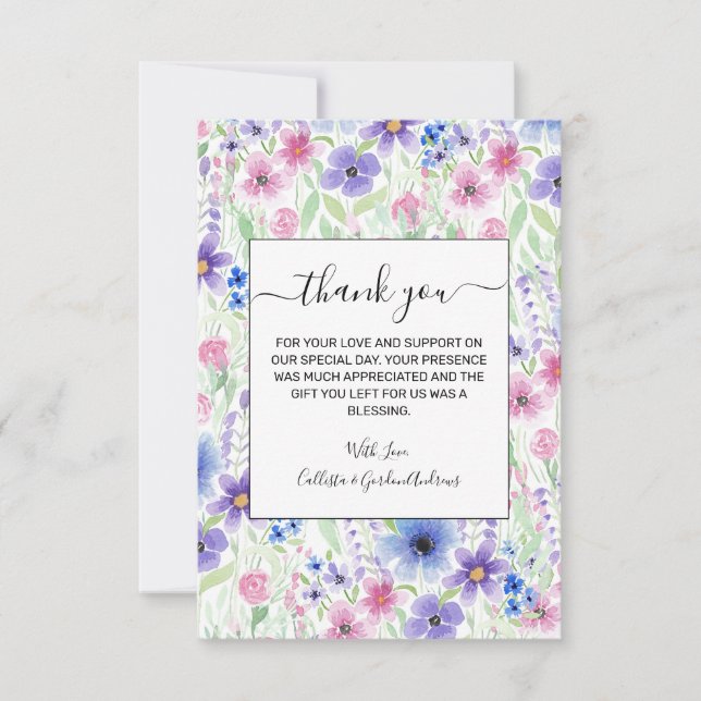 Elegantes Country Pink Lila Blue Watercolor Blume Dankeskarte (Vorderseite)