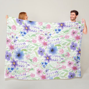 Elegantes Country Pink Lila Blue Watercolor Blume Fleecedecke