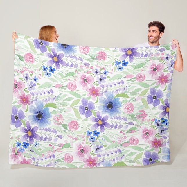 Elegantes Country Pink Lila Blue Watercolor Blume Fleecedecke (Beispiel)