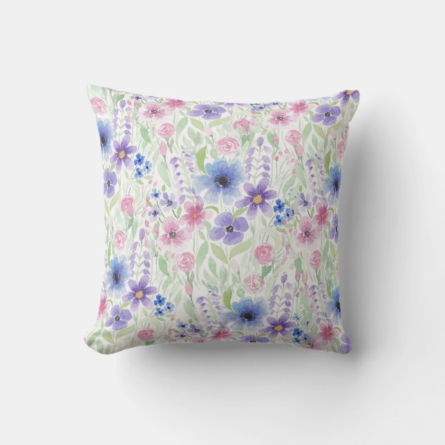 Elegantes Country Pink Lila Blue Watercolor Blume Kissen (Vorderseite)