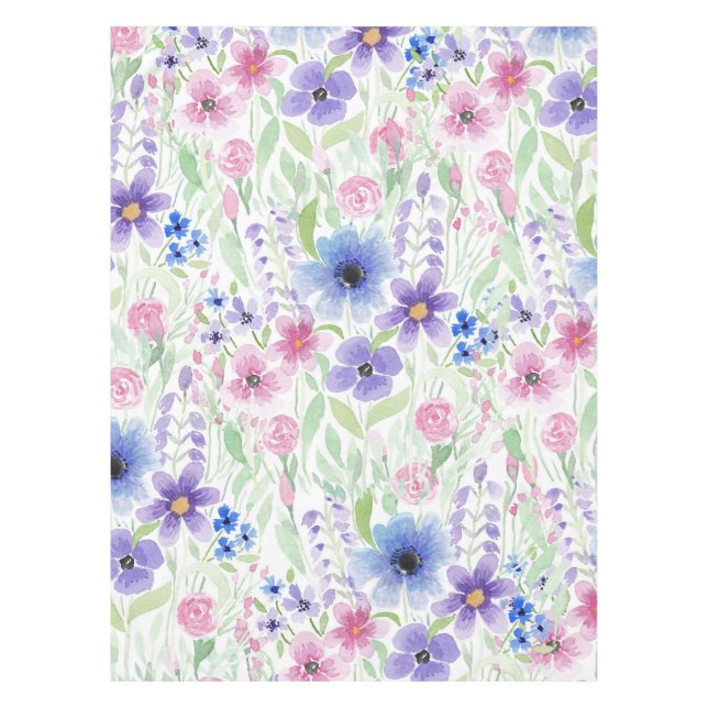 Elegantes Country Pink Lila Blue Watercolor Blume Tischdecke (Vorderseite)
