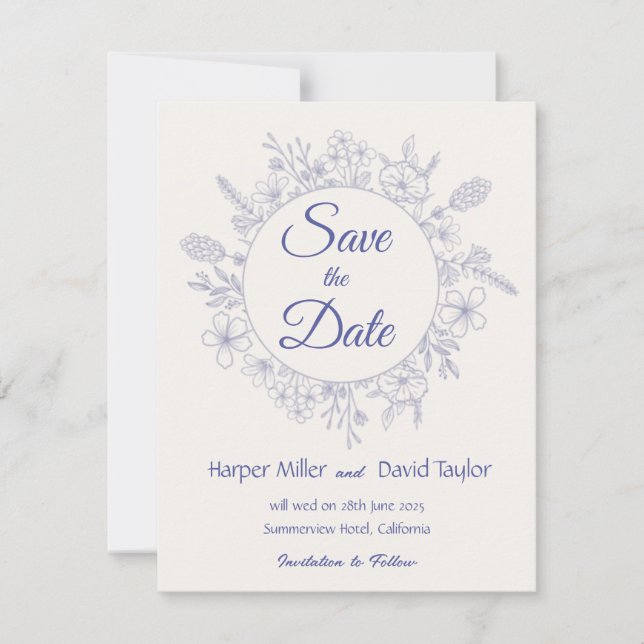 Elegantes Cream & Blue Floral Save the Date (Vorderseite)