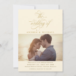 Elegantes Cream Gold Calligraphy Foto Wedding Einladung