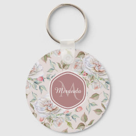 Elegantes Cream-Rose Blumenmonogramm und Name Schlüsselanhänger
