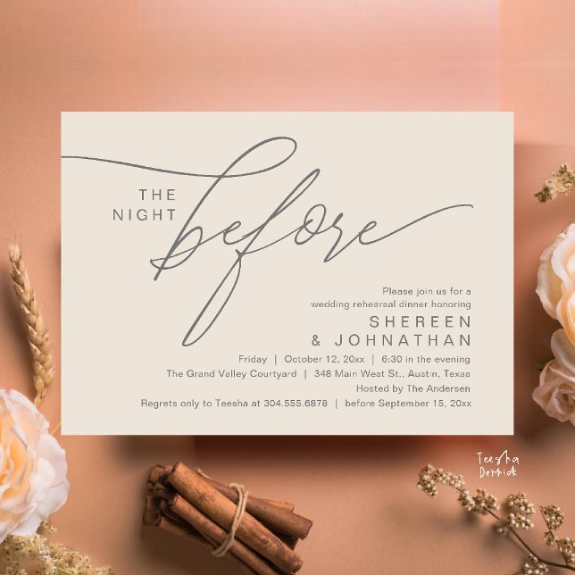 Elegantes Creme-Grau-Script-Probedinner für die Ho Einladung (Elegant Script Wedding Rehearsal Dinner Invitation Card in Cream and Grey)