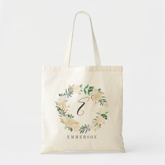 Elegantes Creme-Rose Blumenreath Monogramm Tragetasche (Vorne)