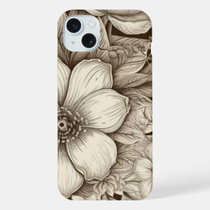 Elegantes Creme- und Brauntöne-Blumenmuster mit Ti iPhone 15 Plus Hülle