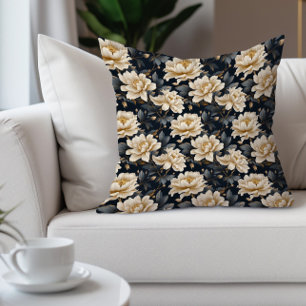 Elegantes cremefarbenes Blumenmuster Teal Schwarz Kissen