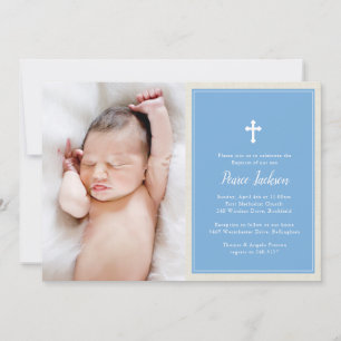 Elegantes Cross Blue Foto Taufen Christening Einladung
