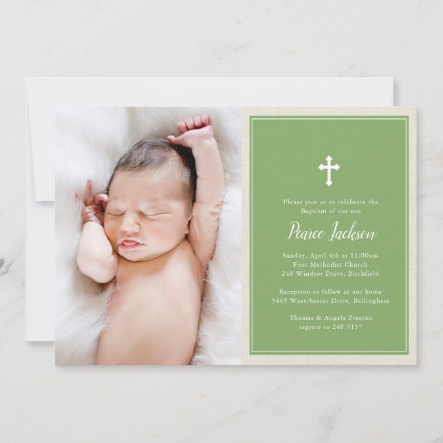 Elegantes Cross Green Foto Taufe Christening Einladung (Vorderseite)