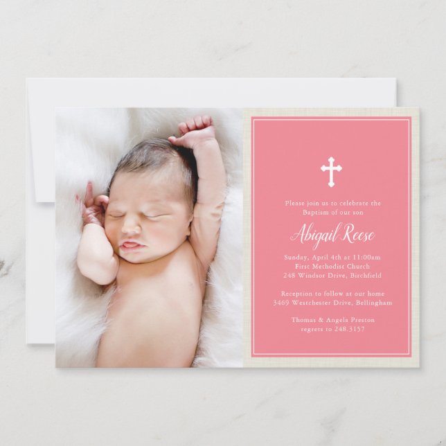 Elegantes Cross Pink Foto Taufe Christening Einladung (Vorderseite)