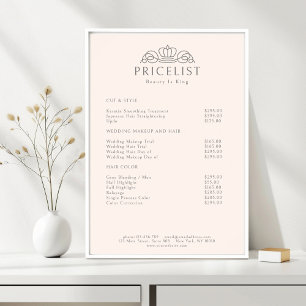 Elegantes Crown-Logo Blush Pink Salon-Preisliste Poster