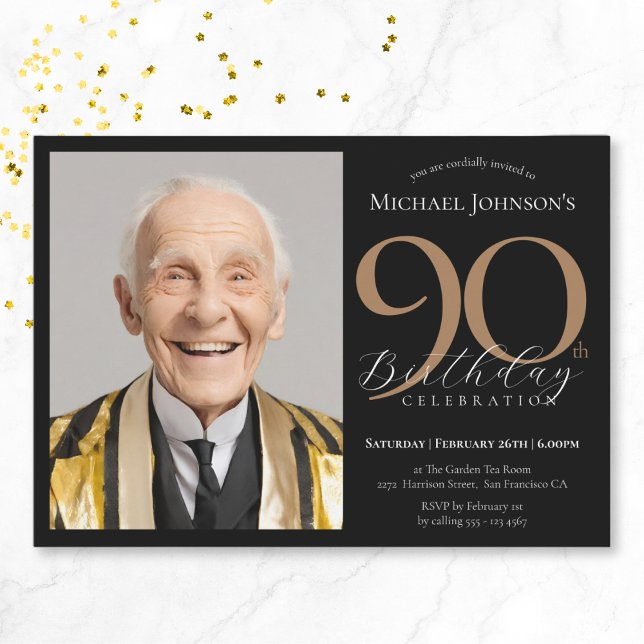 Elegantes Custom Foto Black 90. Geburtstag Einladung (Elegant Custom Photo Black Gold 90th Birthday Invitation)