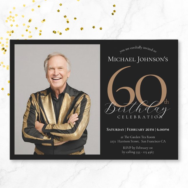 Elegantes Custom Foto Black Gold 60. Geburtstag Einladung (Elegant Custom Photo Black Gold 60th Birthday Invitation)