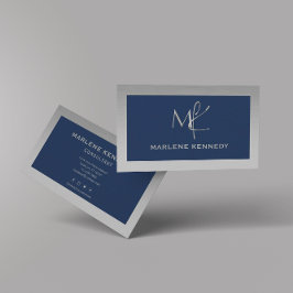 Elegantes Custom Silver Monogram Navy Blue Busines Visitenkarte