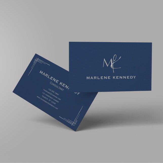 Elegantes Custom Silver Monogram Navy Blue Busines Visitenkarte (Von Creator hochgeladen)