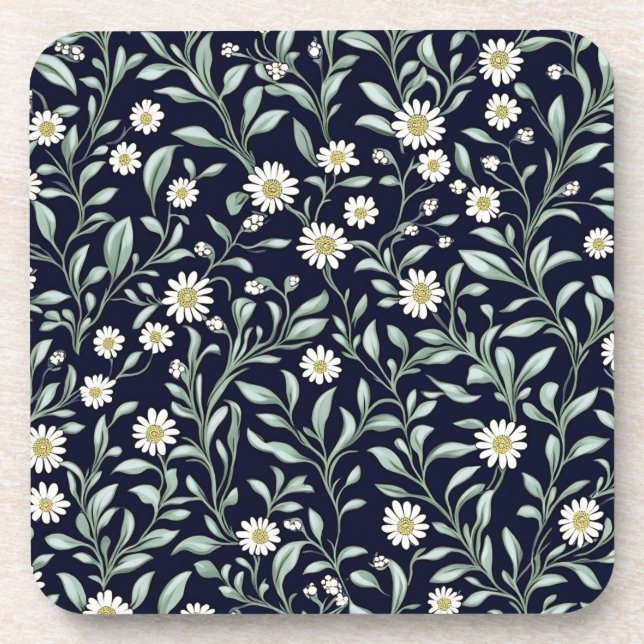 Elegantes Daisy Floral Muster auf dunklem Hintergr Getränkeuntersetzer (Vorderseite)