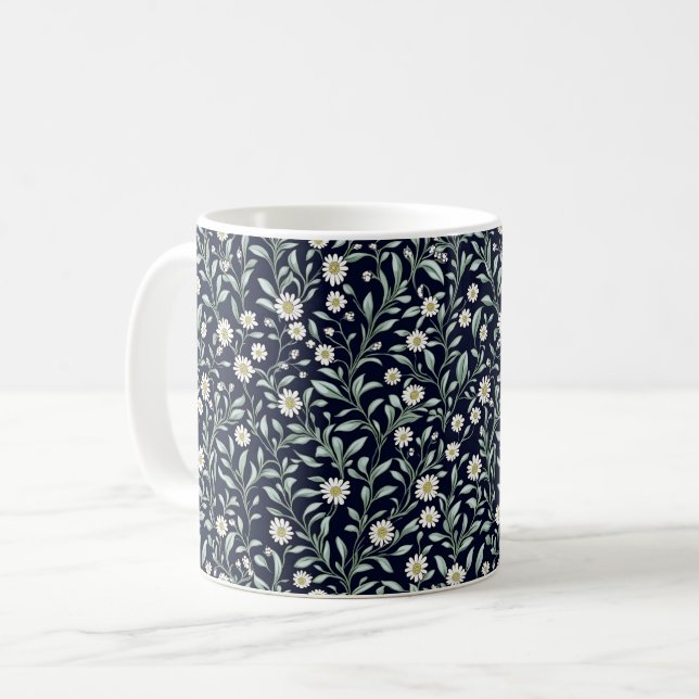 Elegantes Daisy Floral Muster auf dunklem Hintergr Kaffeetasse (Vorderseite Links)