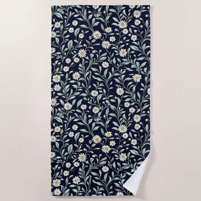 Elegantes Daisy Floral Muster auf dunklem Hintergr Strandtuch (Vorderseite)
