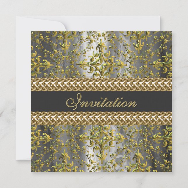 Elegantes Damask Gold Silver Gray Party Einladung (Vorderseite)