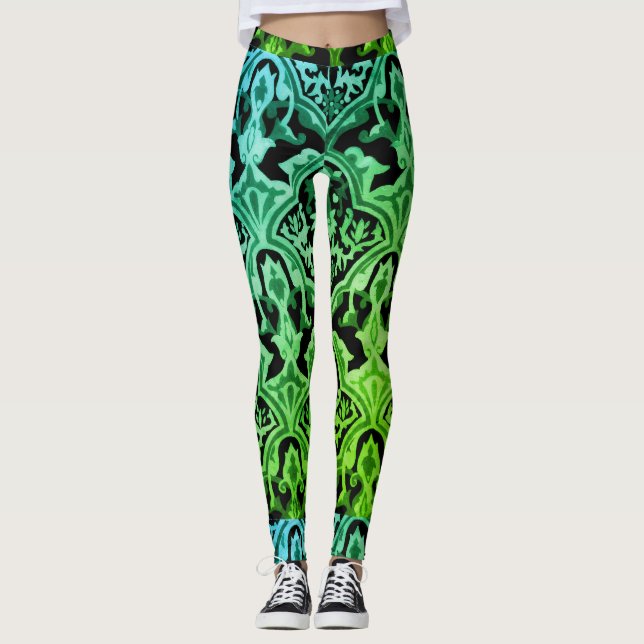 Elegantes Damask-grünes Muster Leggings (Vorderseite)