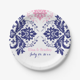 Elegantes Damasmotiv, blau, rosa Hochzeit Pappteller