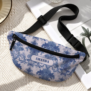Elegantes Damast Blau Toile de Jouy Monogramm Bauchtasche