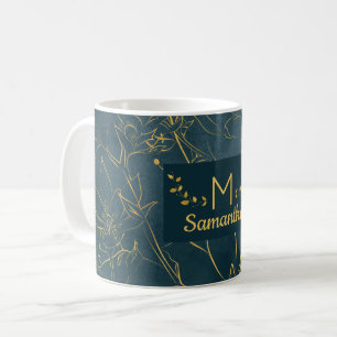 Elegantes Dark Aquamarin Blue & Gold Foil Floral M Kaffeetasse