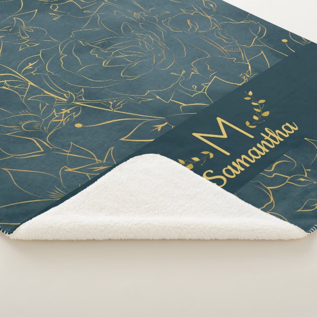 Elegantes Dark Aquamarin Blue & Gold Foil Floral M Sherpadecke (3/4)