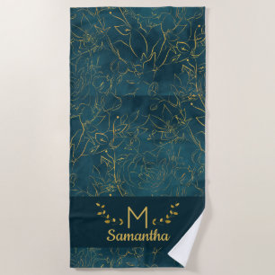 Elegantes Dark Aquamarin Blue & Gold Foil Floral M Strandtuch