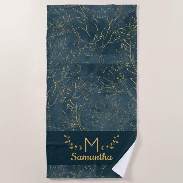 Elegantes Dark Aquamarin Blue & Gold Foil Floral M Strandtuch (Vorderseite)