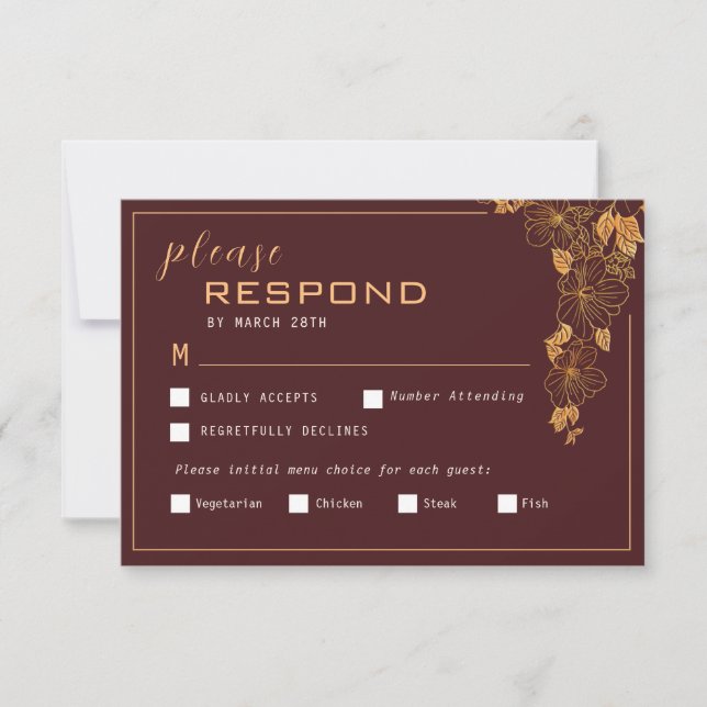 Elegantes Dark Burgundy & Golden Foliage RSVP Karte (Vorderseite)