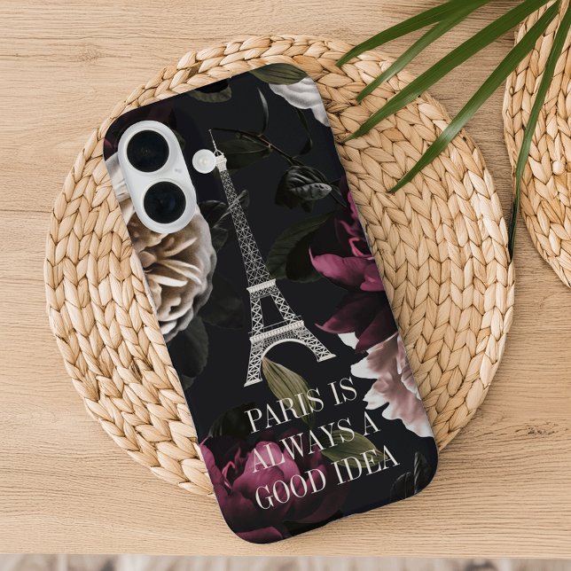 Elegantes Dark Floral Paris Eiffel Tower Zitat Case-Mate iPhone Hülle (Von Creator hochgeladen)