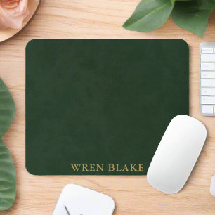 Elegantes Dark Green Leather Texture & Gold Script Mousepad