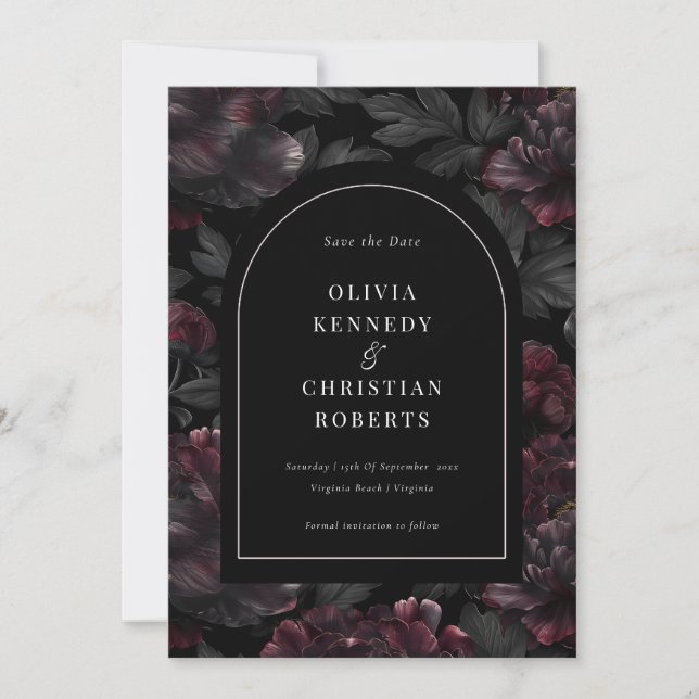 Elegantes Dark Moody Romantic Floral Foto Save The Date (Vorderseite)